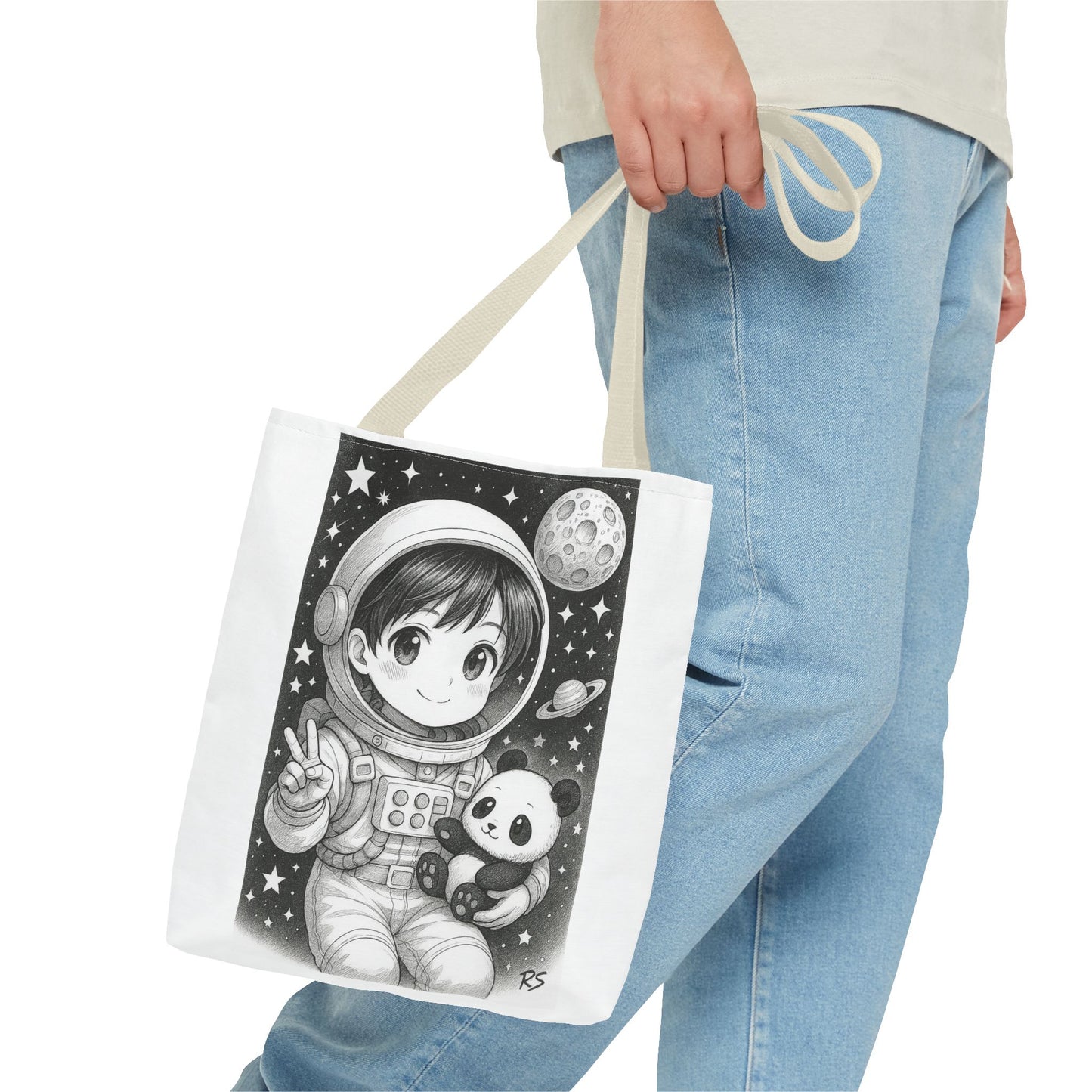 Astronaut Panda Tote Bag, Cute Space-Themed Bag, Eco-Friendly Shopping, Gift for Kids and Teens, Black and White Design, Fun and Functional