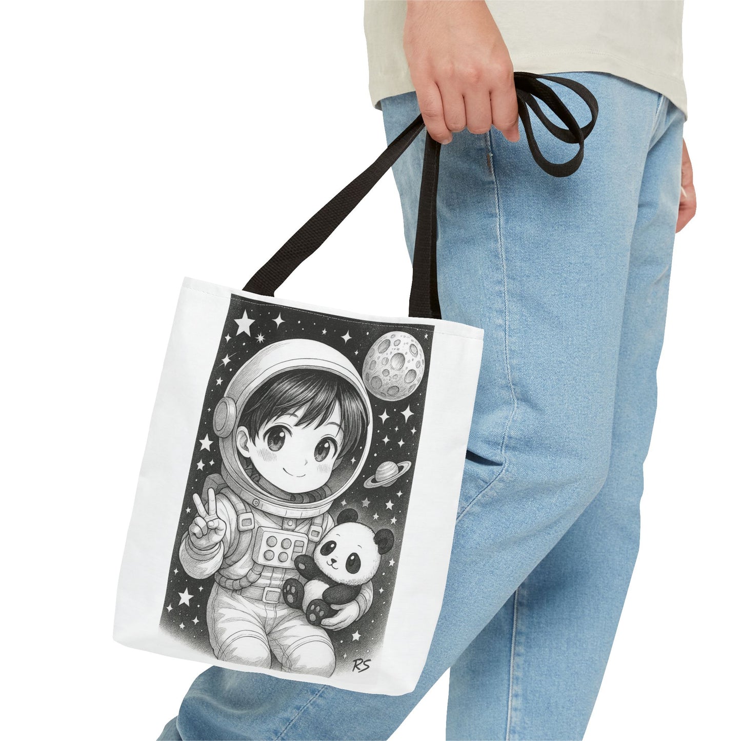 Astronaut Panda Tote Bag, Cute Space-Themed Bag, Eco-Friendly Shopping, Gift for Kids and Teens, Black and White Design, Fun and Functional